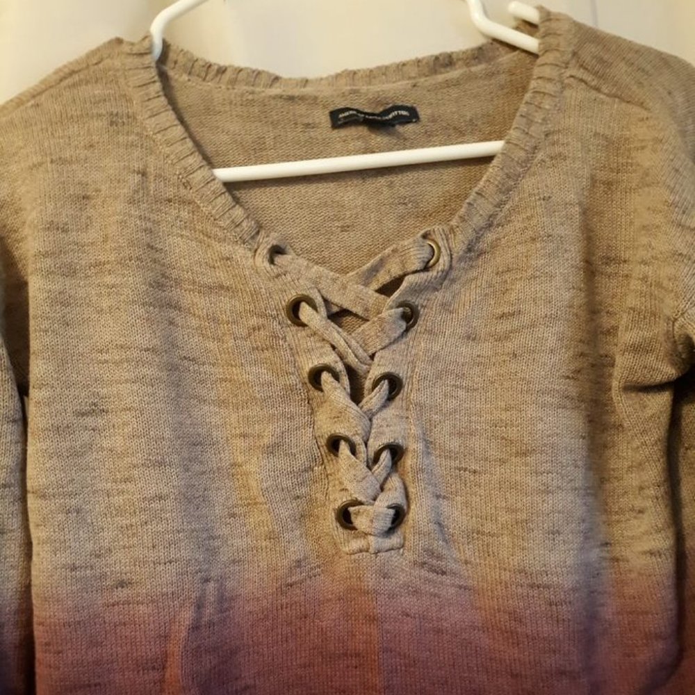 AMERICAN EAGLE Lace up Sweater Top XS Beige Purple V-neck Ombre Heathered LongSl
